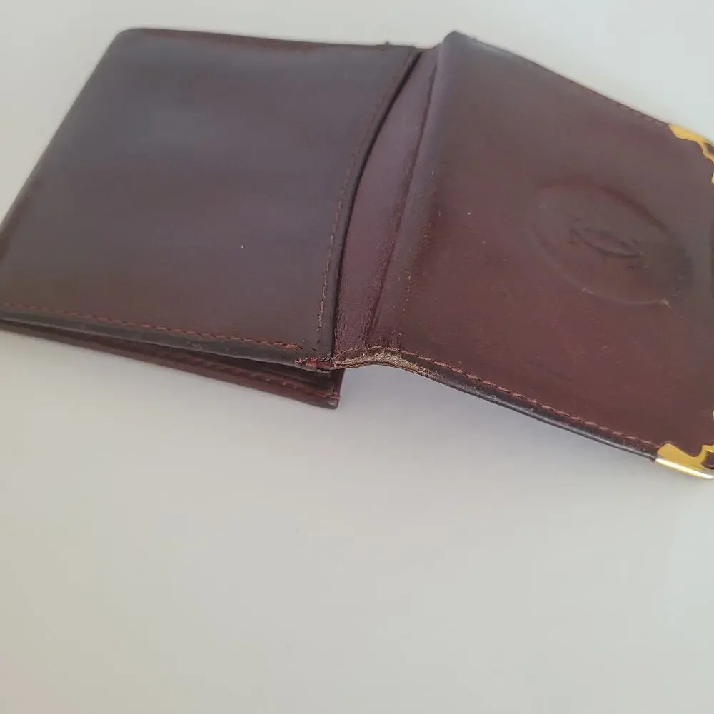 Cartier Vintage Mini Coin Case Pouch Wallet Bordeaux‎ Leather Small Red Burgundy